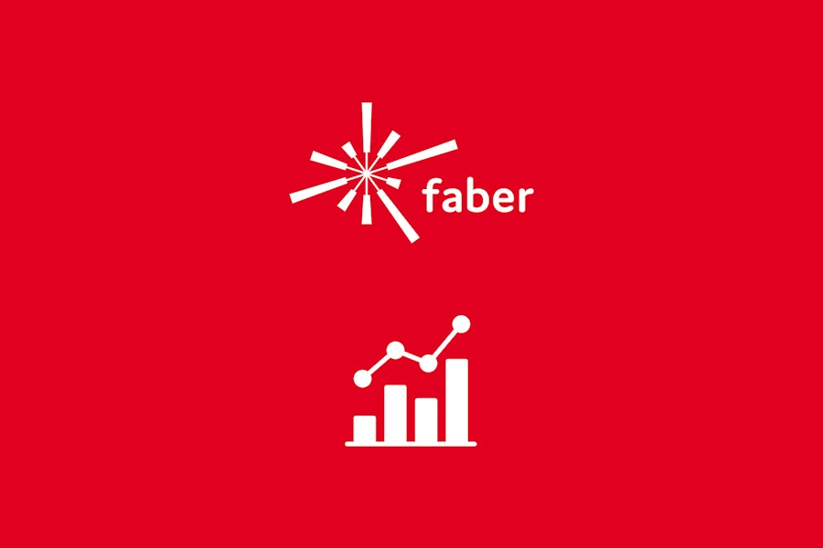 weißes Faber-Logo auf rotem Hintergrund mit weißem Umsatz-Icon